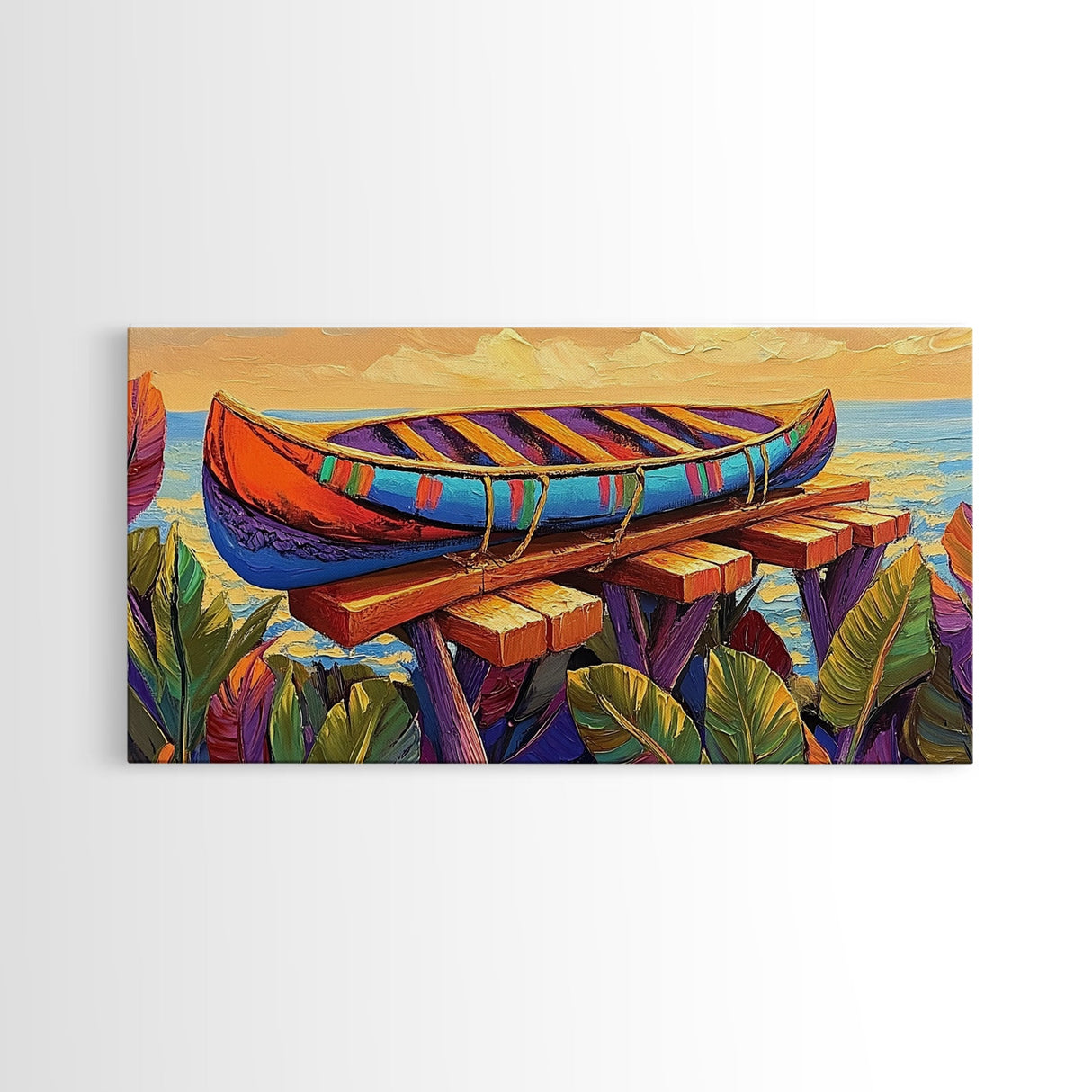 Canoe Dock, Ocean, Bold Palette, vibrant tropical Canvas Print, nautical boho art, playful beach house wall decor, summer vibes