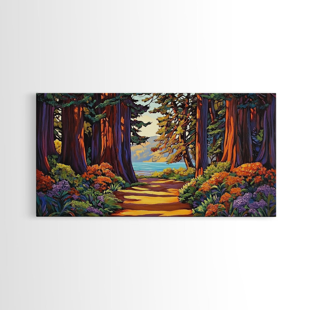 Forest Path, Ocean, Framed Canvas Print, Redwood forest trail to ocean scene, Nature inspired art, Rustic Living Room Wall Art