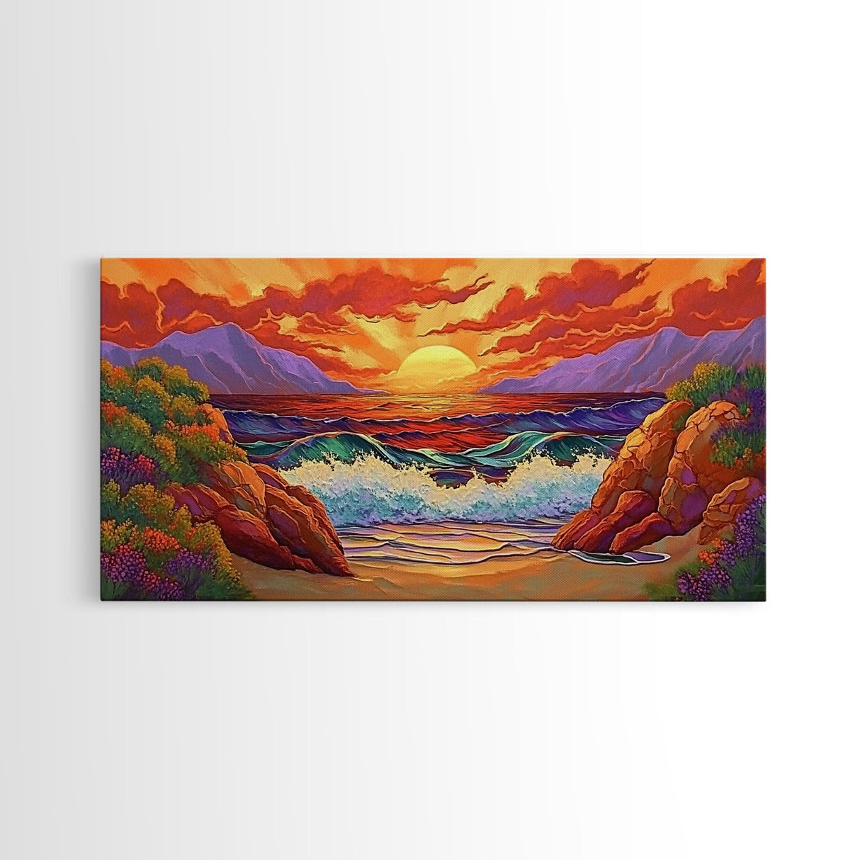 Sunset Waves, Rocks, Framed Canvas Print, Vibrant ocean sunset, crashing waves cliffs painting, Coastal Decor, Beach House Wall Art