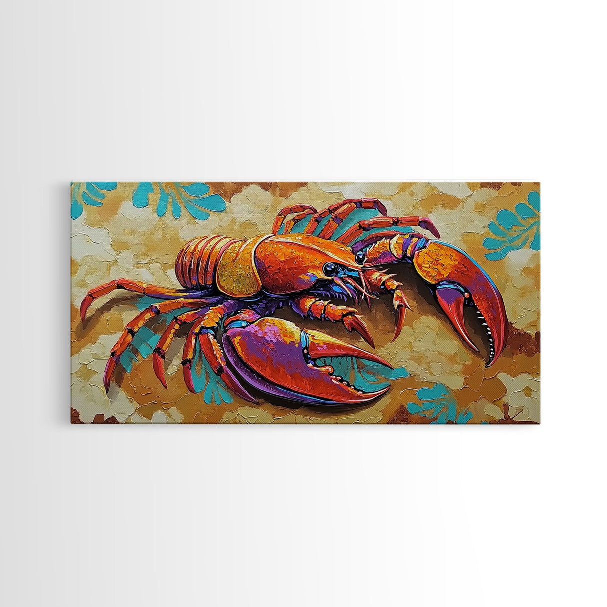 Lobster Coastal, Bold, Framed Canvas Print, Vibrant abstract lobster on sandy background, Nautical Kitchen Decor, Bold Coastal Wall Art