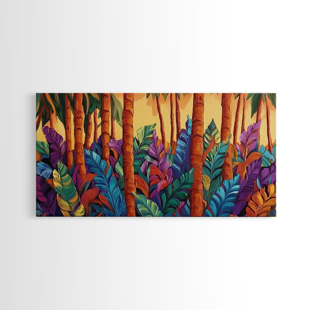 Jungle Leaves, Palms, Tropical, Framed Canvas Print, vibrant rainforest botanical wall art, boho plant decor, entryway art