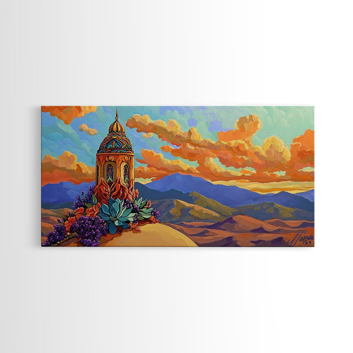 Tower Mountains, Sky, Clouds, Canvas Print, whimsical turret landscape, pastel sky art, colorful fantasy decor, study wall art