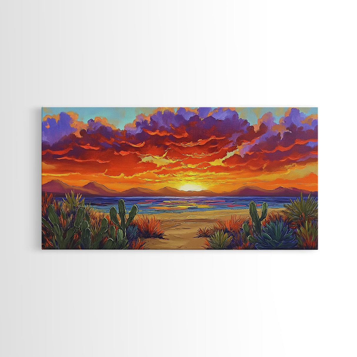 Sunset Beach, Desert, Cactus, Framed Canvas Print, vivid sunset desert beach scene, boho coastal decor, southwestern wall art