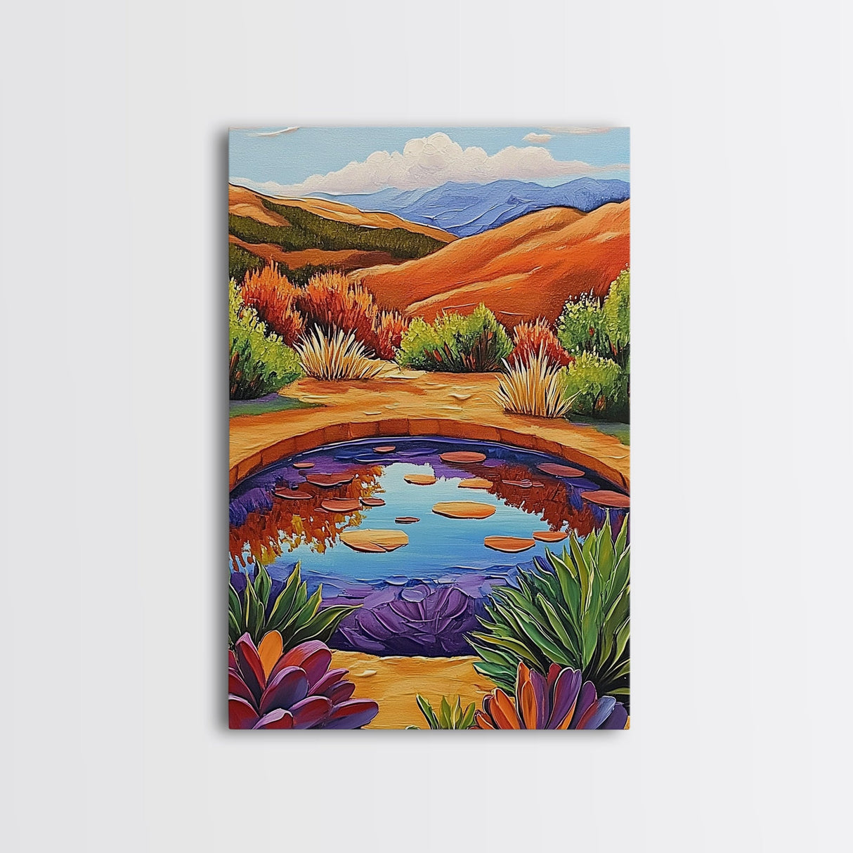 Pond Reflection, Nature, Desert, Framed Canvas Print tranquil desert pond painting, colorful reflection landscape art, entryway wall decor