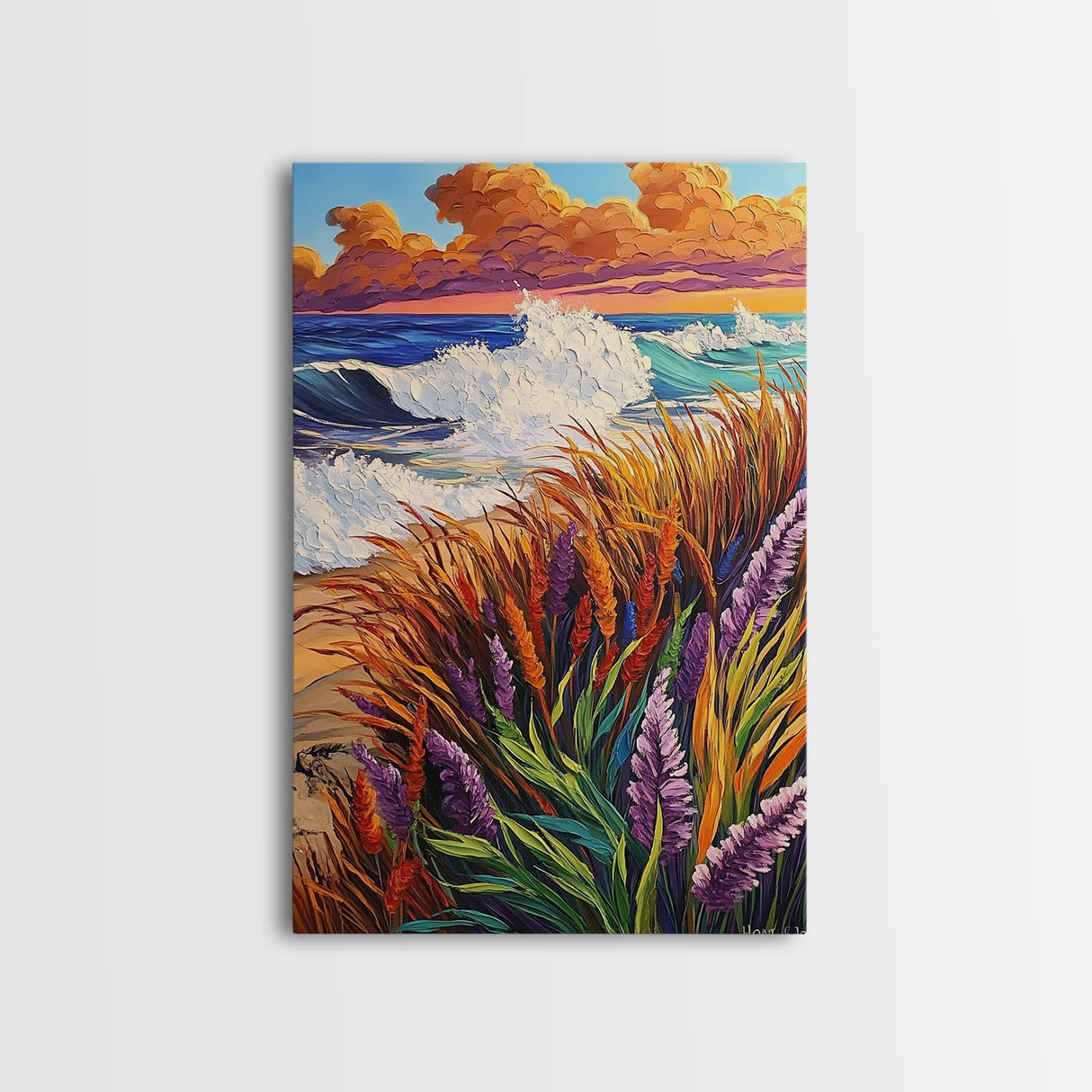 Waves Cliff, Paradise, Splash, Framed Canvas Print, Tropical beach wall art, ocean wave painting, coastal home décor, island vibes