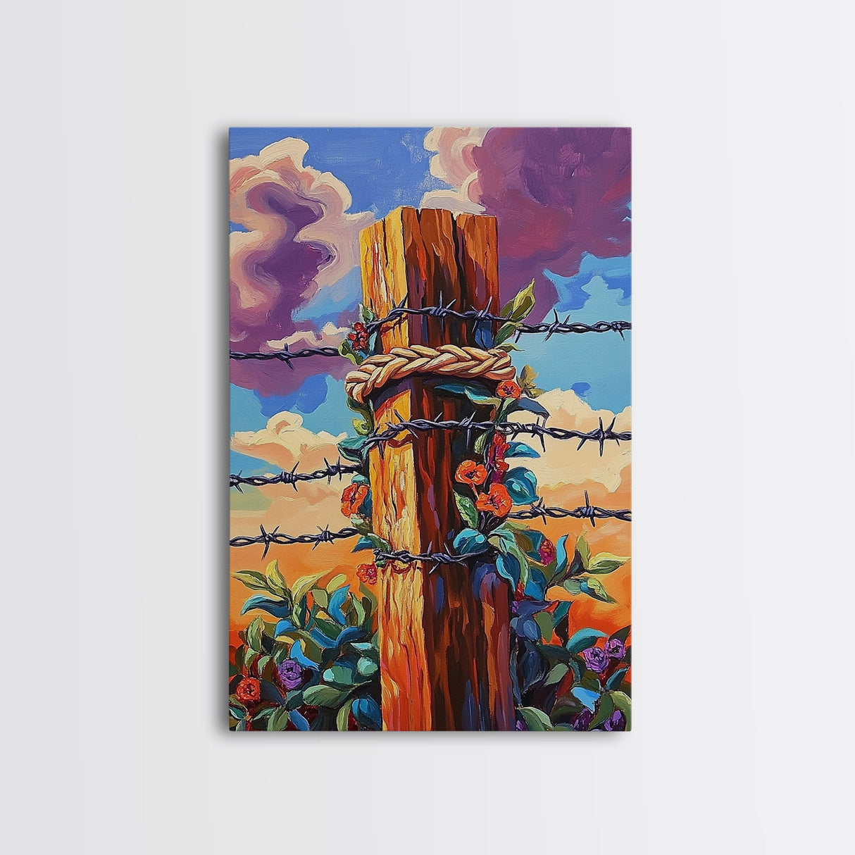 Fence Flowers, Sky, Bold, Framed Canvas Print, western barbed wire wall art, farmhouse boho style, sunset rustic decor, entryway or den
