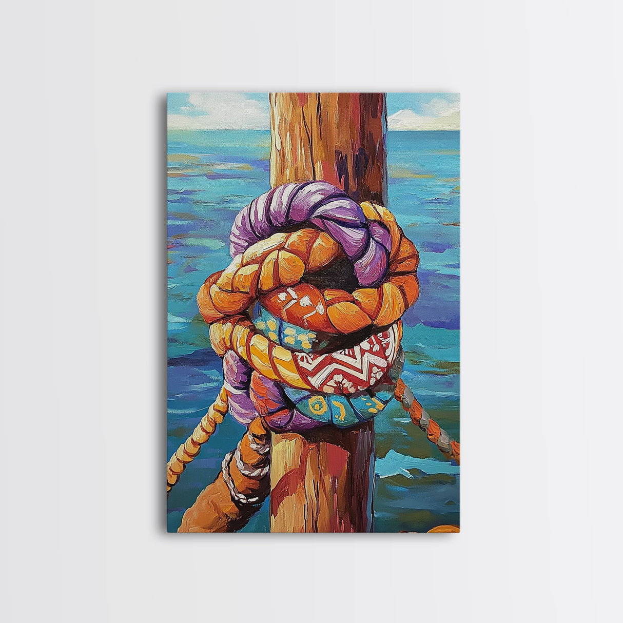Nautical Knot, Dock, Ocean, Framed Canvas Print, Coastal Wall Art, Beach House Decor, Colorful Seaside Painting, Boat Lover Gift