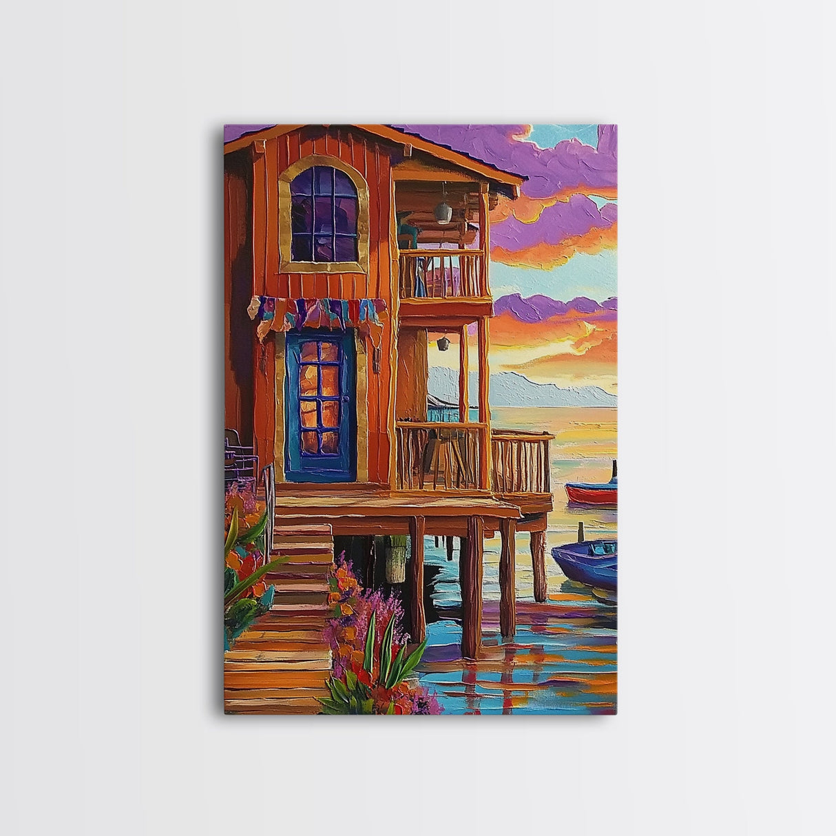 Tropical Sunset, House, Dock, Framed Canvas Print vibrant coastal house wall art, beach wall decor, sunset painting, tropical room decor