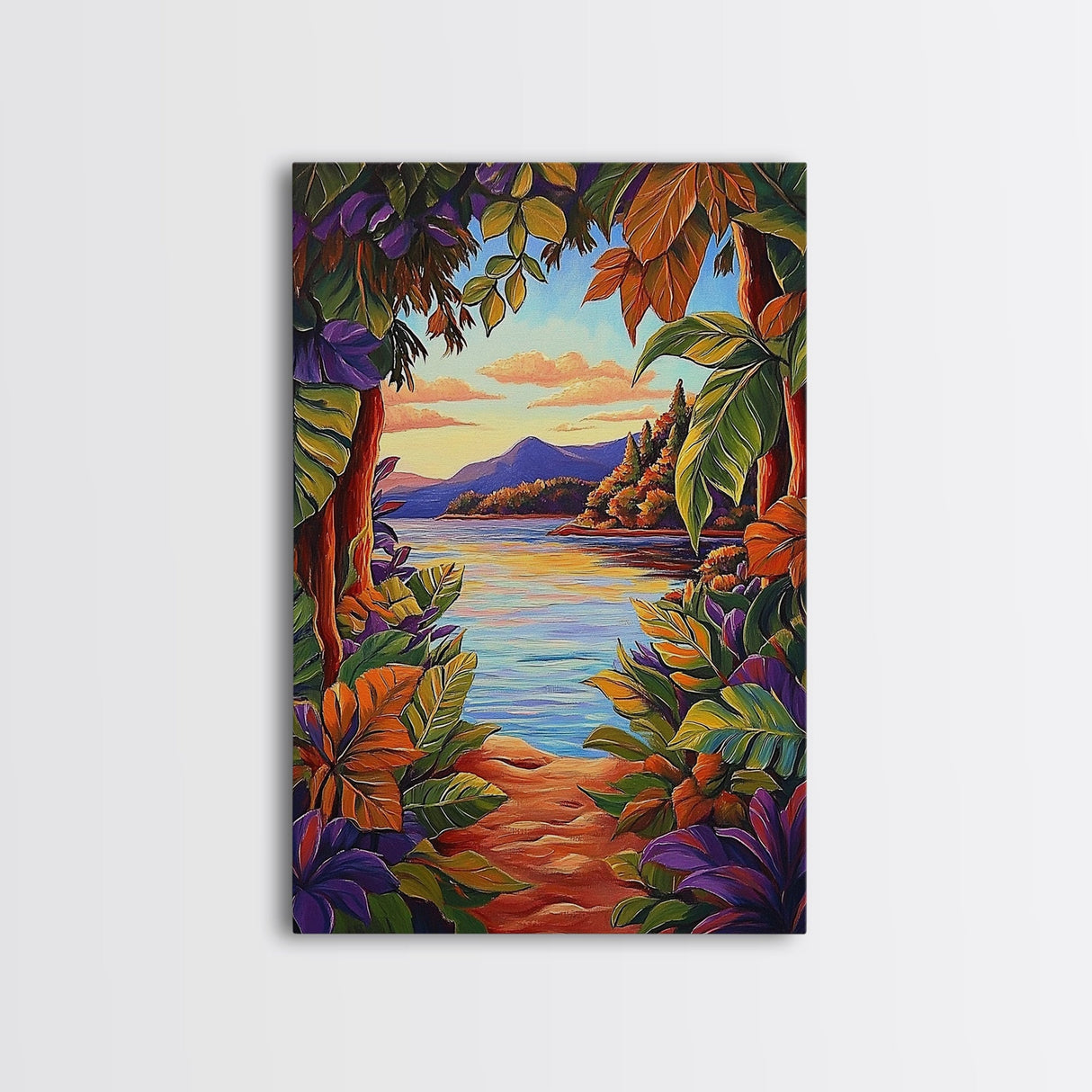 Tropical Lake, Sunset, Leaves, Canvas Print colorful tropical art, jungle boho decor, vibrant beach house wall art, exotic nature room print