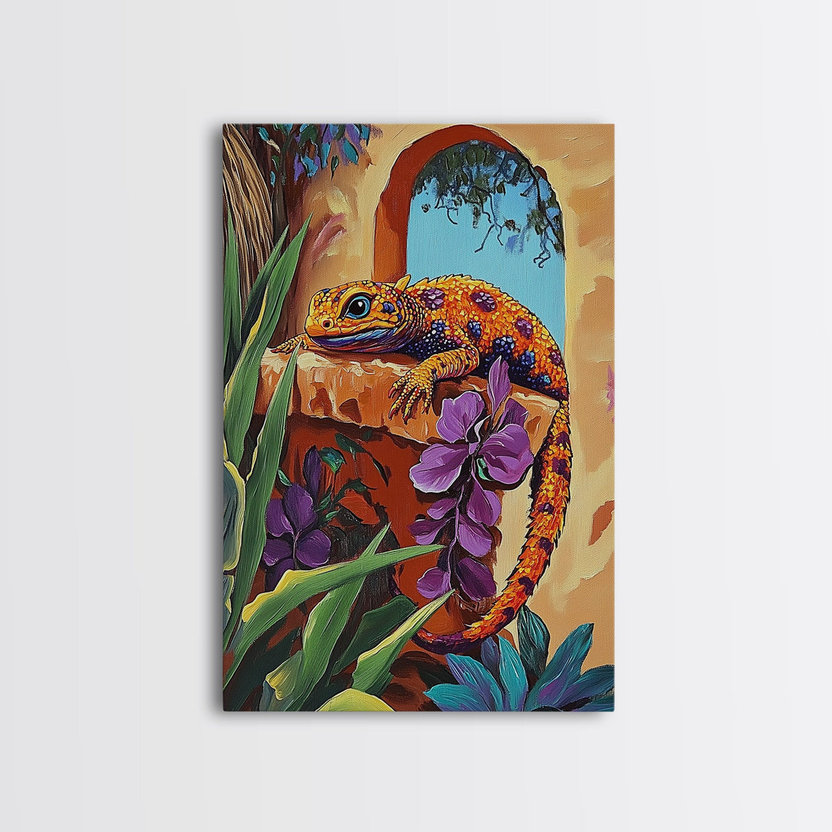 Gecko Tropical, Garden, Framed Canvas Print, Colorful Lizard Art, Desert Wall Decor, Nature Inspired Boho Art, Bathroom art, Patio Wall Art