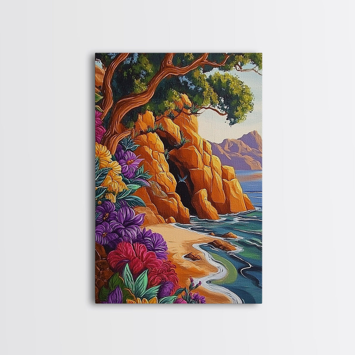 Cave Beach, Flowers, Framed Canvas Print, Coastal Landscape Wall Art, Colorful Boho Nature Decor, Living Room art, Office Wall Art