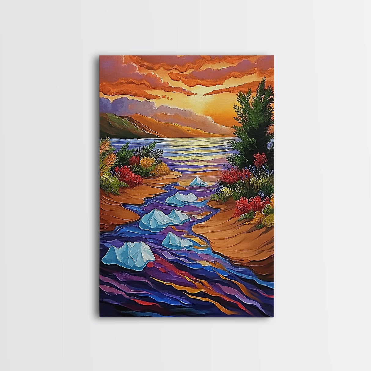Icebergs River, Sunset, Autumn, Framed Canvas Print colorful autumn iceberg painting, vibrant sunset water flow, fall landscape wall art