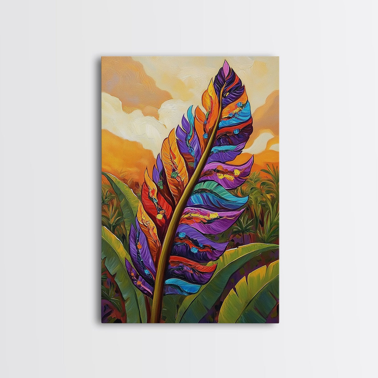Tropical Feather, Sunset, Boho, Framed Canvas Print, Tropical Feather Wall Art, Sunset Jungle Decor, Boho Botanical Artwork, Bedroom Accent