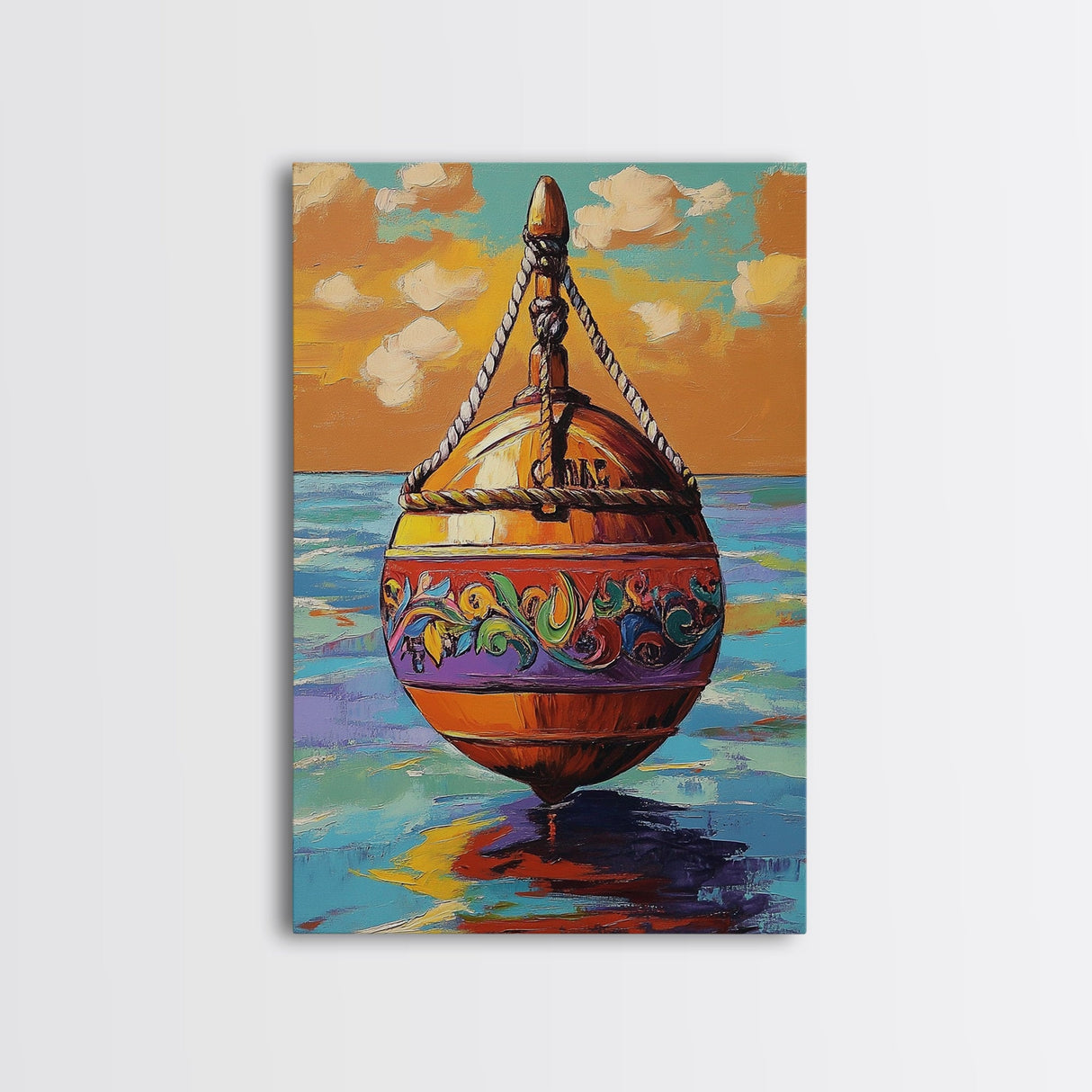 Buoy Sea, Sunset, Nautical Ocean Wall Art, Beach House Decor, Coastal Colorful Accent, Tropical Framed Canvas Print