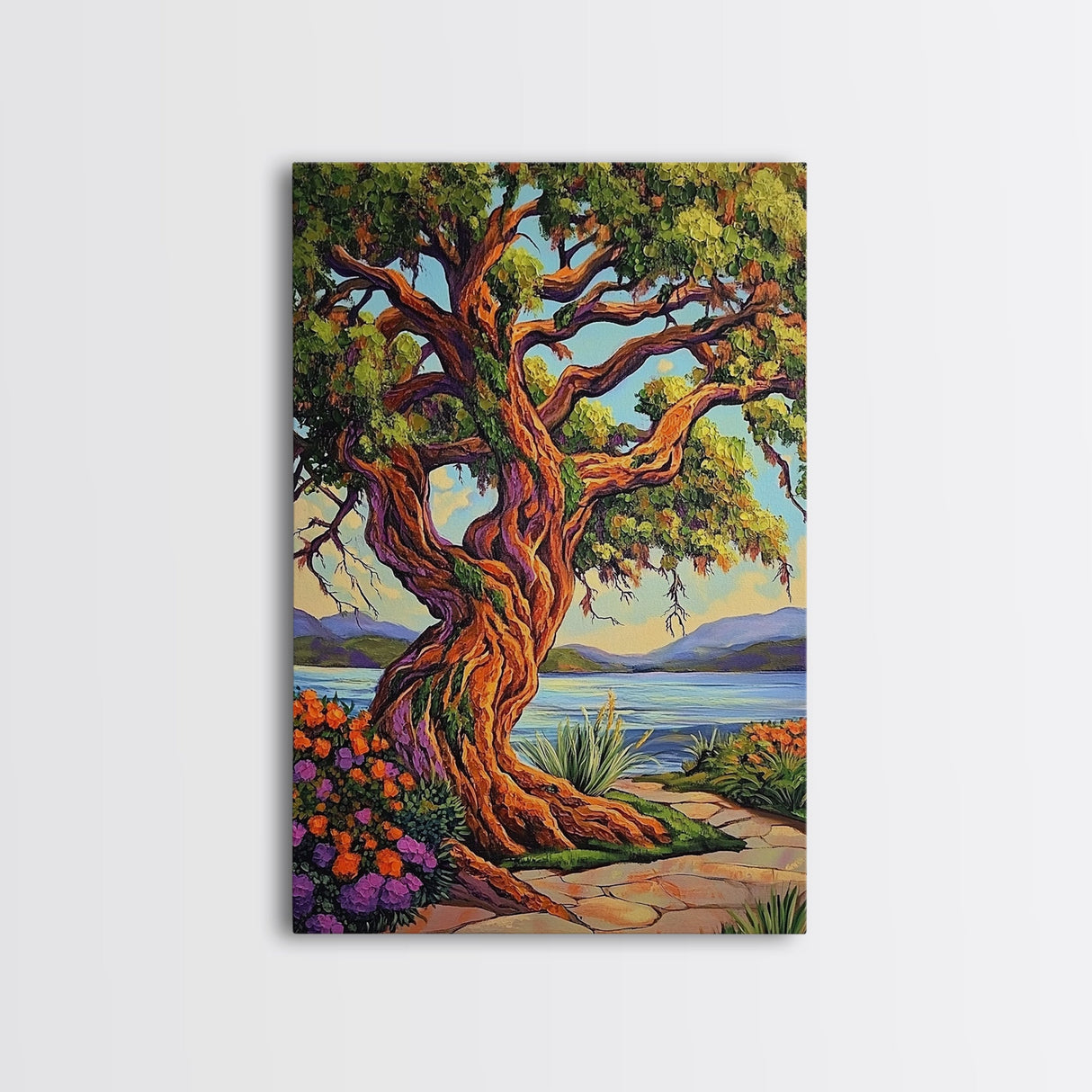 Majestic Tree, Lakeside, Sunset Canvas Print, Nature Lover’s Wall Art, Cabin Living Room Decor, Whimsical Landscape Painting