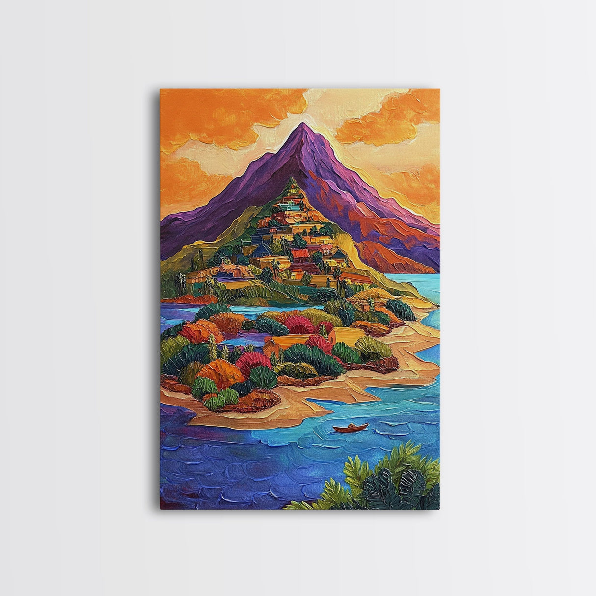 Mountain Village, Sunset, Adventure, Framed Canvas Print, Bright Landscape Wall Art, Colorful Home Decor, Eclectic Living Room Art