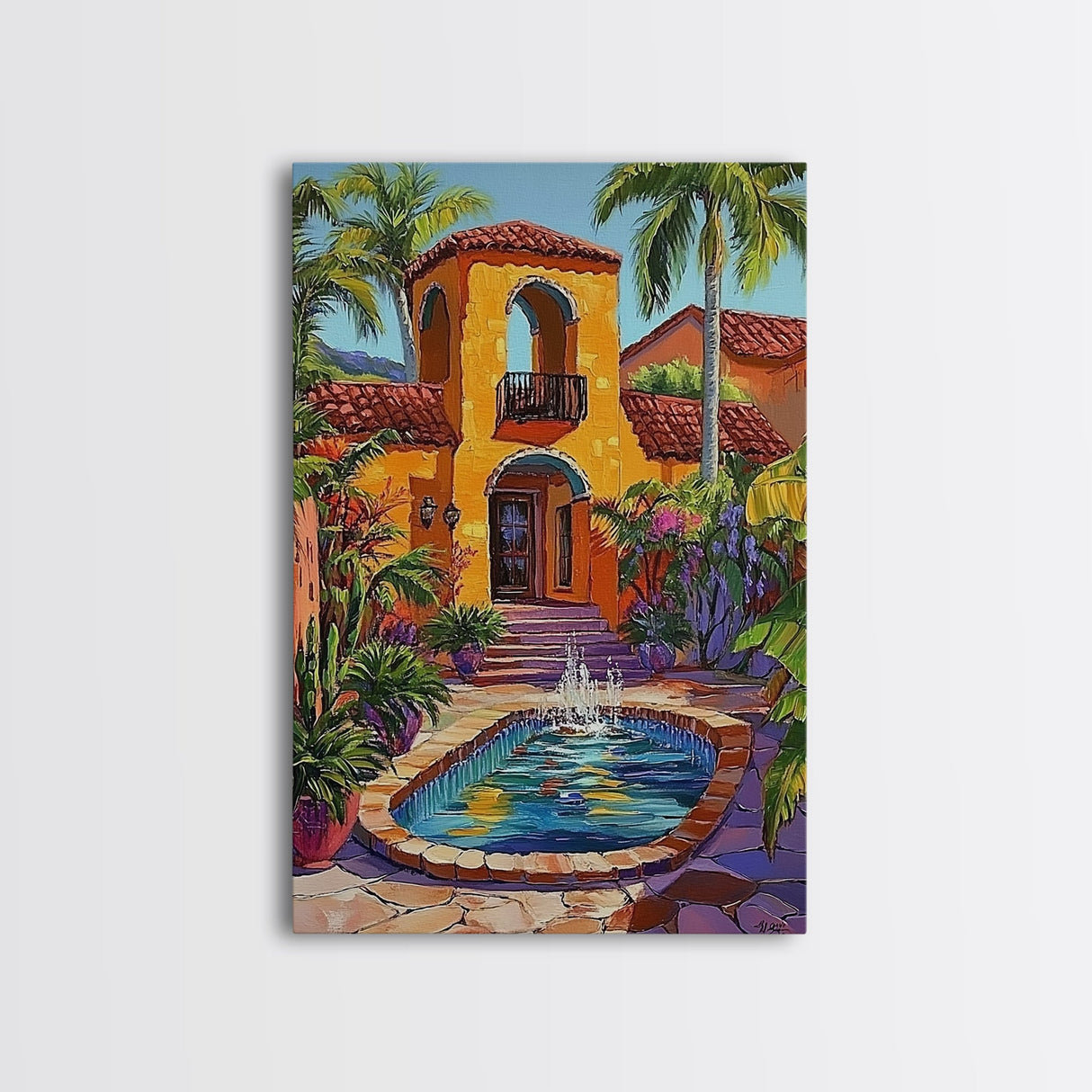 Spanish Fountain, Courtyard, Tropical, Framed Canvas Print, Vibrant Summer Wall Art, Hacienda Living Room Decor, Eclectic Boho Style