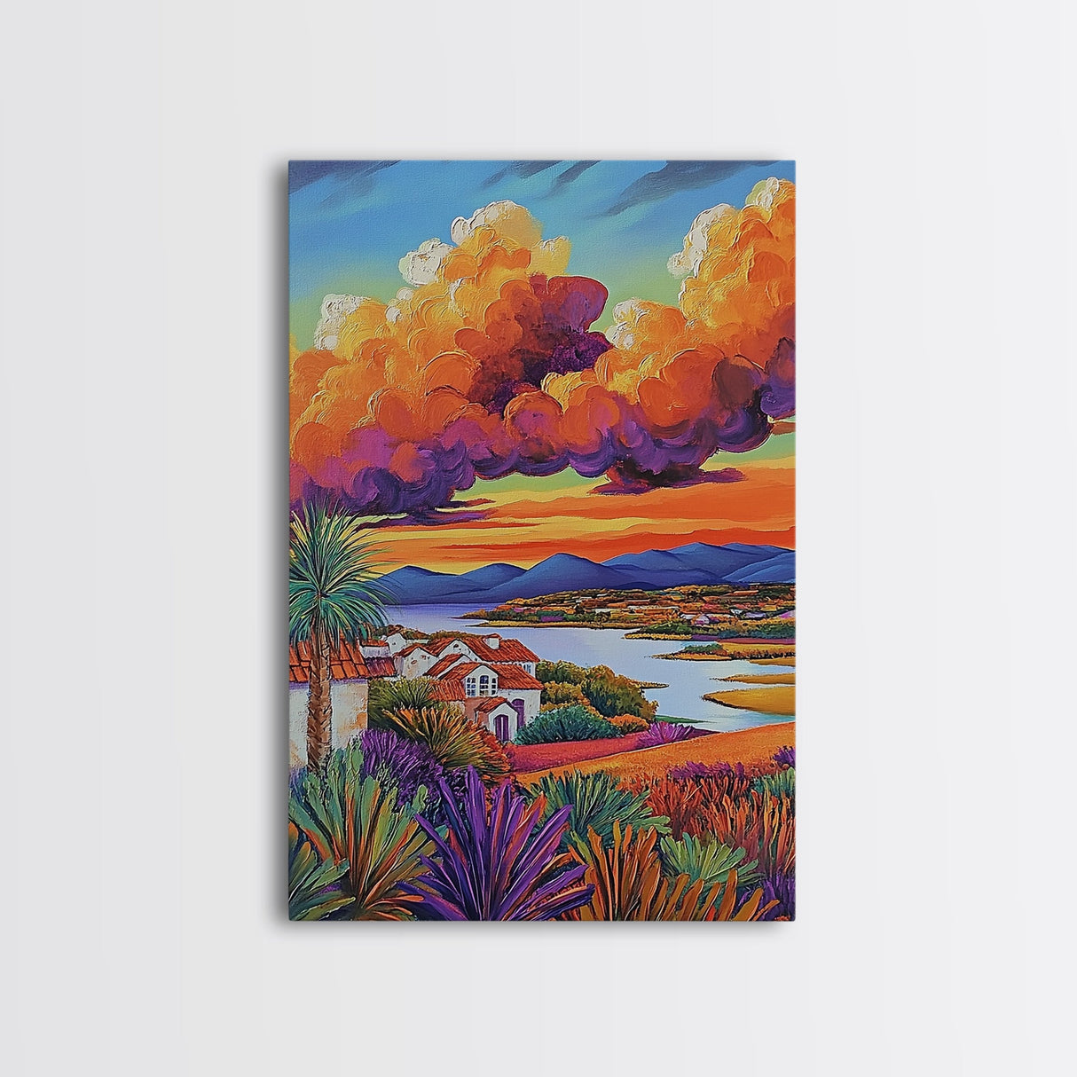 Village Sunset, Clouds, Landscape, Framed Canvas Print, Colorful Scenic Wall Art, Rustic Living Room Decor, Mediterranean Countryside