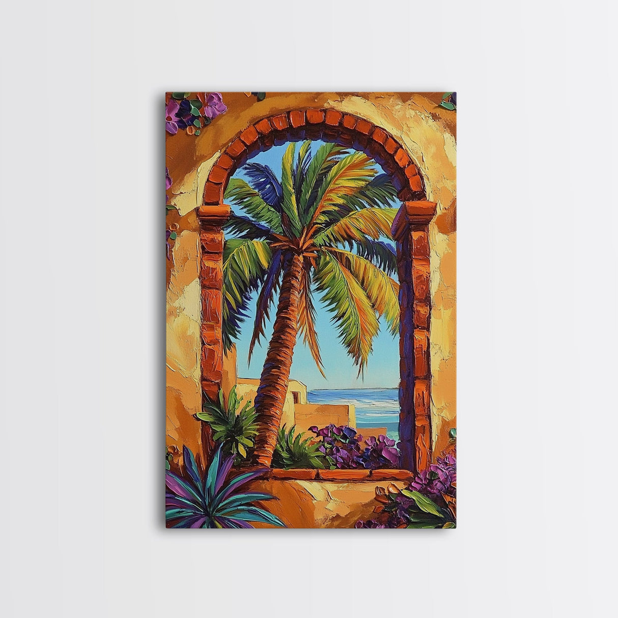 Palm Tree, Tropical Window, Coastal Home, Framed Canvas Print, beach wall art, boho art, Mediterranean decor, Kitchen Wall Art