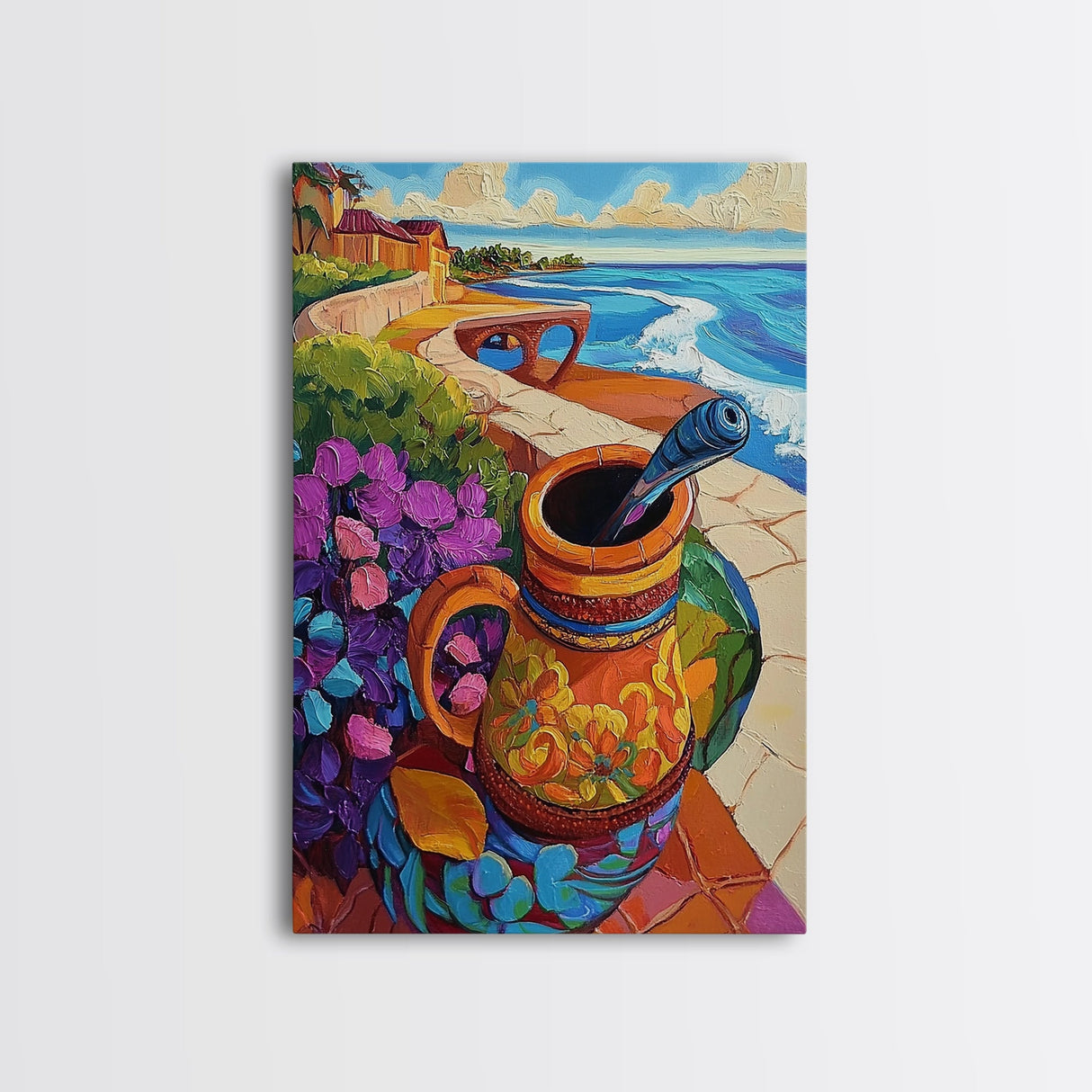 Ocean View, Rustic Charm, Colorful Pottery, Coastal Decor, Framed Canvas Print, Dining Room Wall Art, Mexican Folk Art, vibrant style
