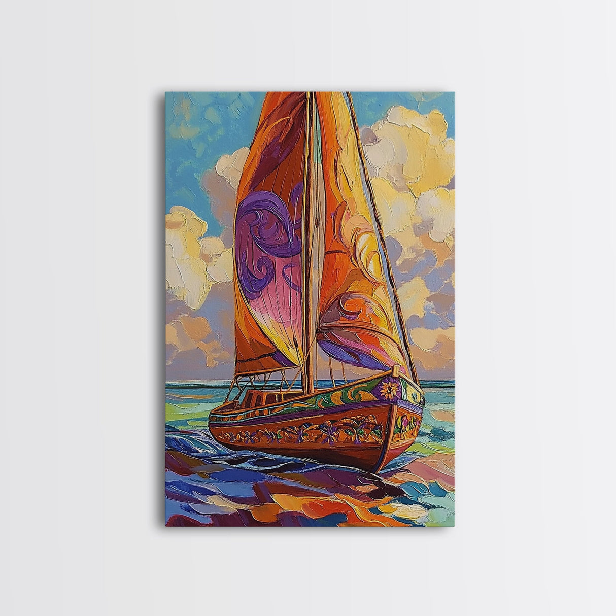 Sailboat Painting, Ocean Breeze, Colorful Nautical, Sunset Boat, Framed Canvas Print, Coastal Wall Art, beach house decor, vivid art