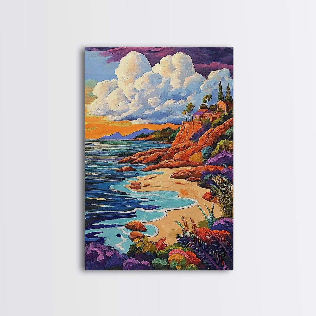 Sunset Beach, Colorful Coastline, Ocean Landscape, Canvas Print, Fall Home Decor, Living Room Wall Art, Dreamy Seaside Painting