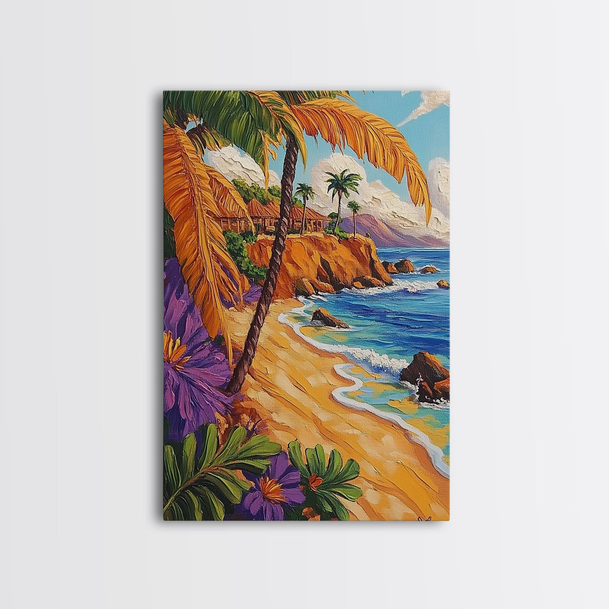 Tropical Beach, Huts, Framed Canvas Print, Island paradise artwork, palm tree coastal decor, bathroom or entryway art, boho summer scene