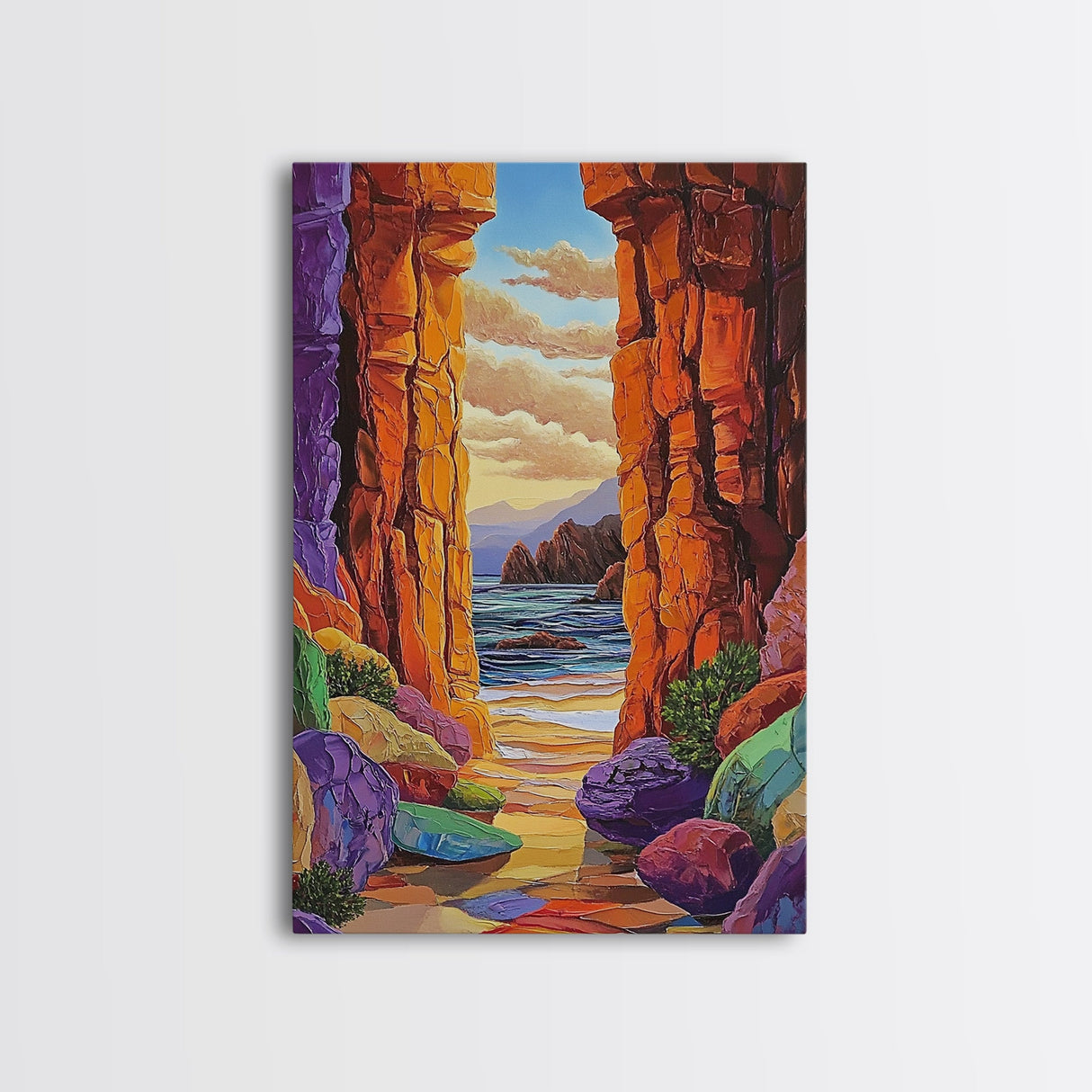 Hidden Cove, Rocky Entry, Ocean View, Sunset Moment, Framed Canvas Print, Bedroom Wall Art, Seaside Fantasy, Desert Coastal Decor