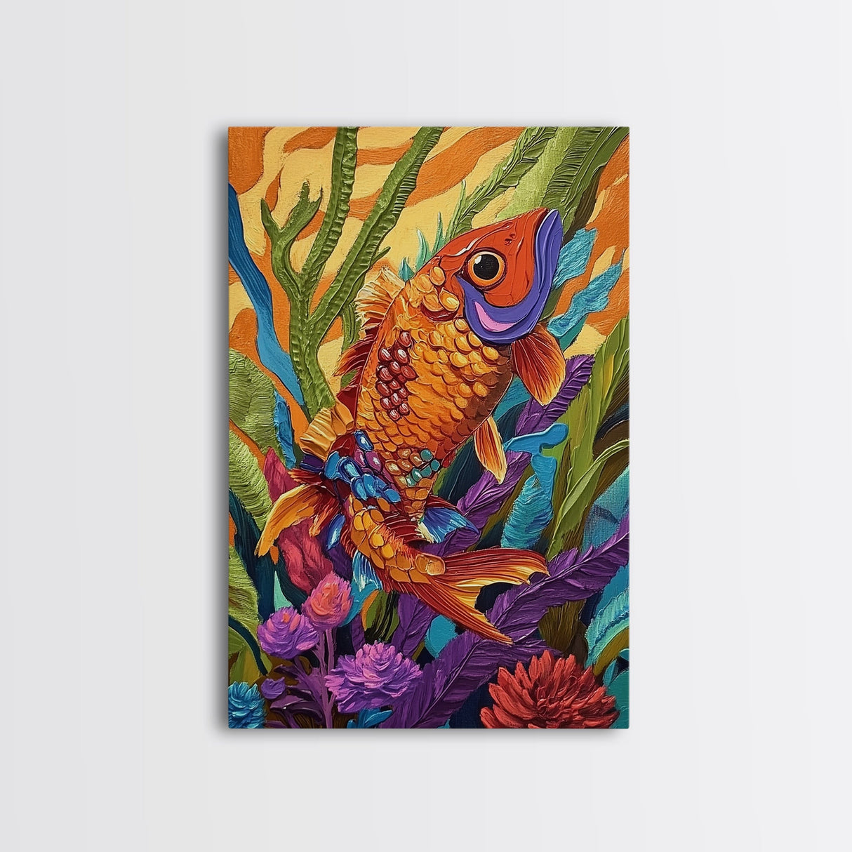 Bold Colorful Fish Art, Framed Canvas Print, Underwater wall decor, boho ocean art, tropical fish painting, bathroom wall art