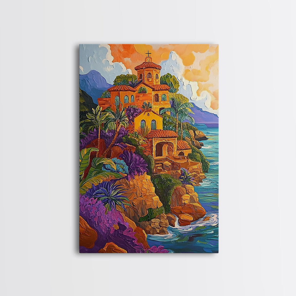Sunset Mission by Sea, Spanish Coastal Church, Tropical Mountain View, Framed Canvas Print, Living Room Art, Bold Wall Statement