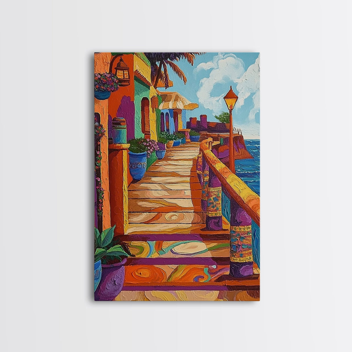 Coastal Colorful Pathway Painting, Framed Canvas Print, Boho coastal wall art, beach town painting, hallway decor, summer vibe