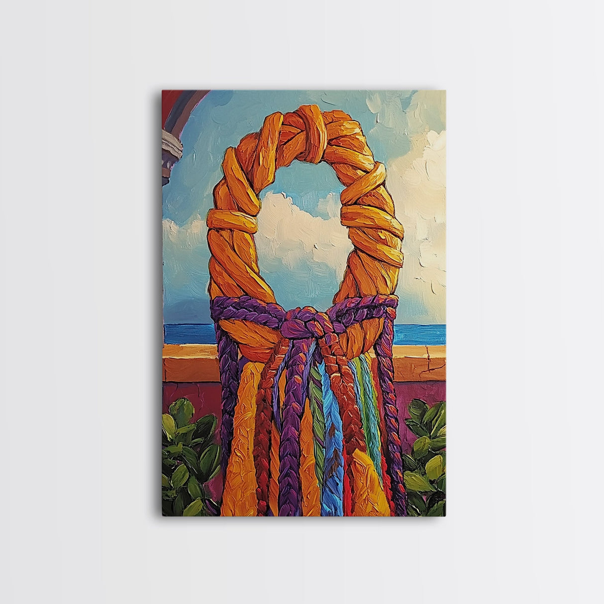 Woven Wreath, Rainbow Wall Decor, Bold Colorful Texture, Rustic Charm, Fall Entryway Art, Canvas Print, Handmade Style Vibe