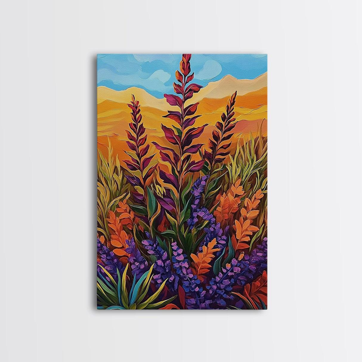 Wildflower Field, Autumn Leaves, Mountain Sunset, Earth Tones, Fall Botanical Art, Living Room Wall Art, Framed Canvas Print