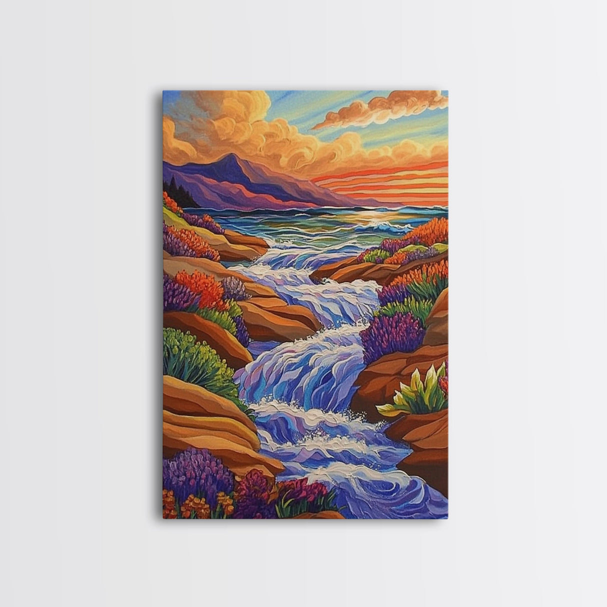 Waterfall Stream, Sunset Sky, Mountain Flow, Fall Colors, Nature Home Decor, Rustic Cabin Vibe, Canvas Print, Living Room Wall Art