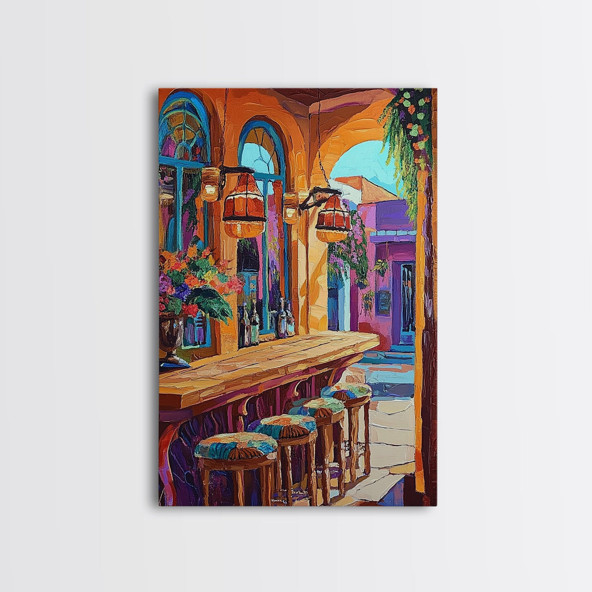Wine Bar Scene, Cozy Bistro, Mediterranean Patio, Colorful Bar Decor, Kitchen Wall Art, Eclectic Style, Framed Canvas Print