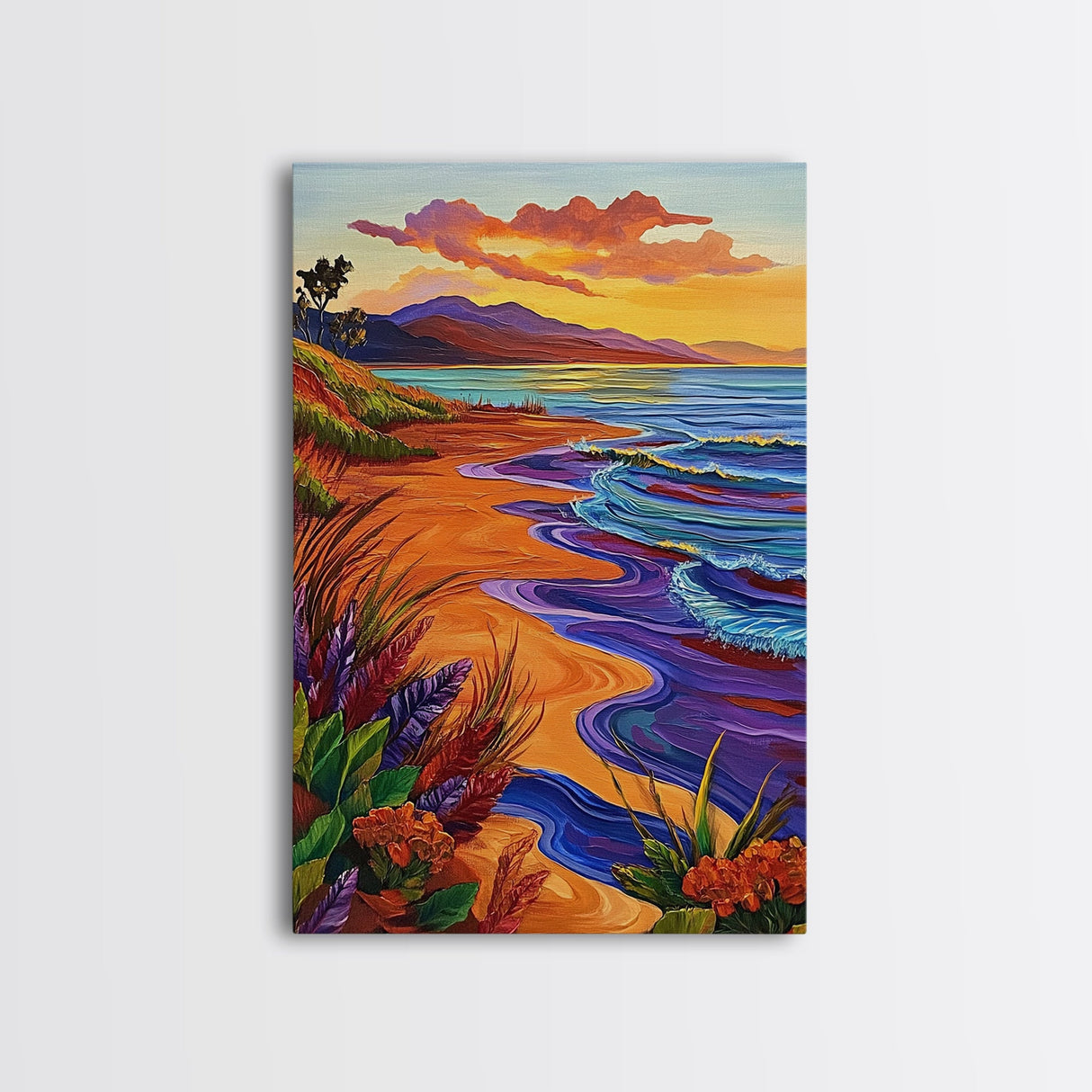 Vibrant Beach Sunset, Ocean Waves, Tropical Coastline, Coastal Landscape, Framed Canvas Print, Living Room Wall Art, Colorful Beach Art
