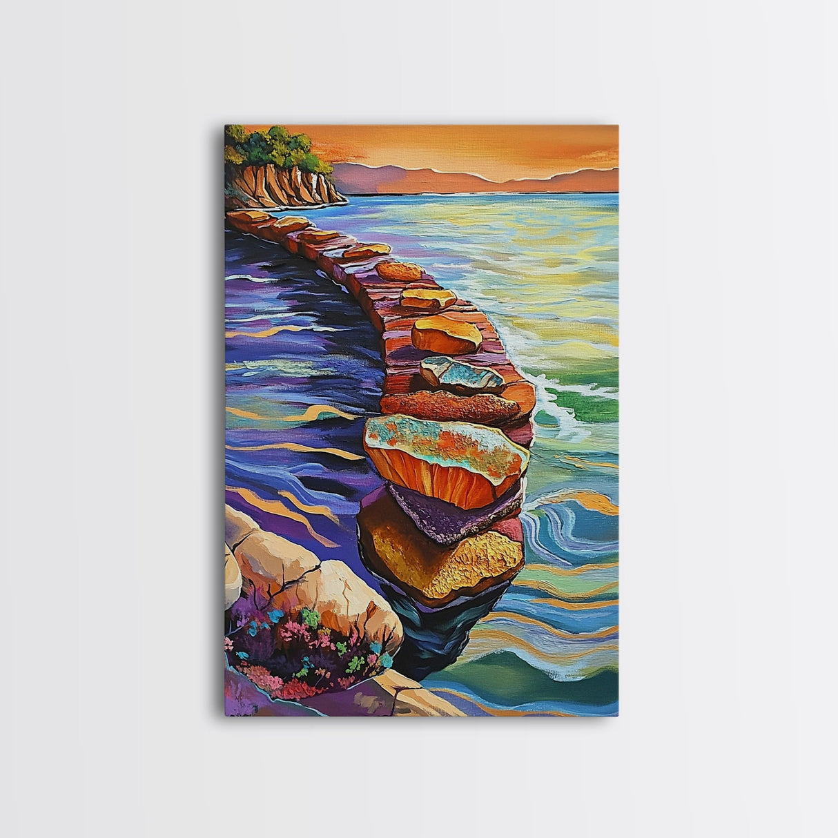 Sunset Rock Path, Ocean Wall Art, Serene Coastal Scene, Framed Canvas Print, Bohemian Living Room Decor, Water Landscape Painting
