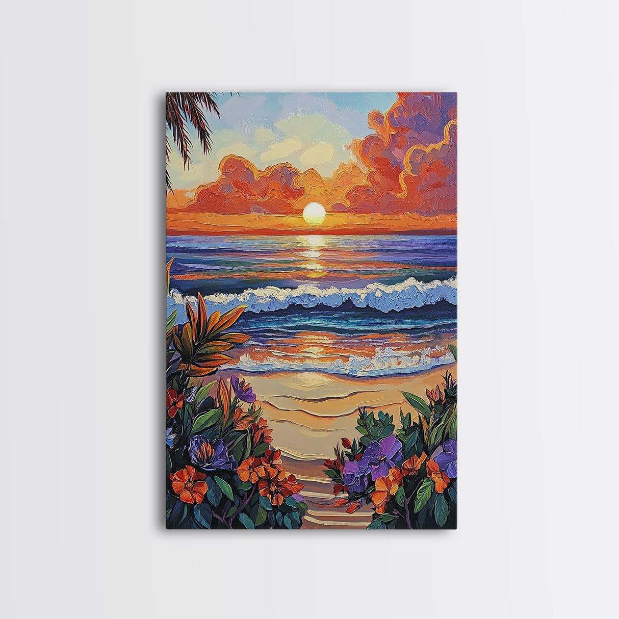 Tropical Beach, Sunset Waves, Lush Florals, Orange Glow — Framed Canvas Print vibrant coastal art, bathroom or bedroom beach decor, boho vibe