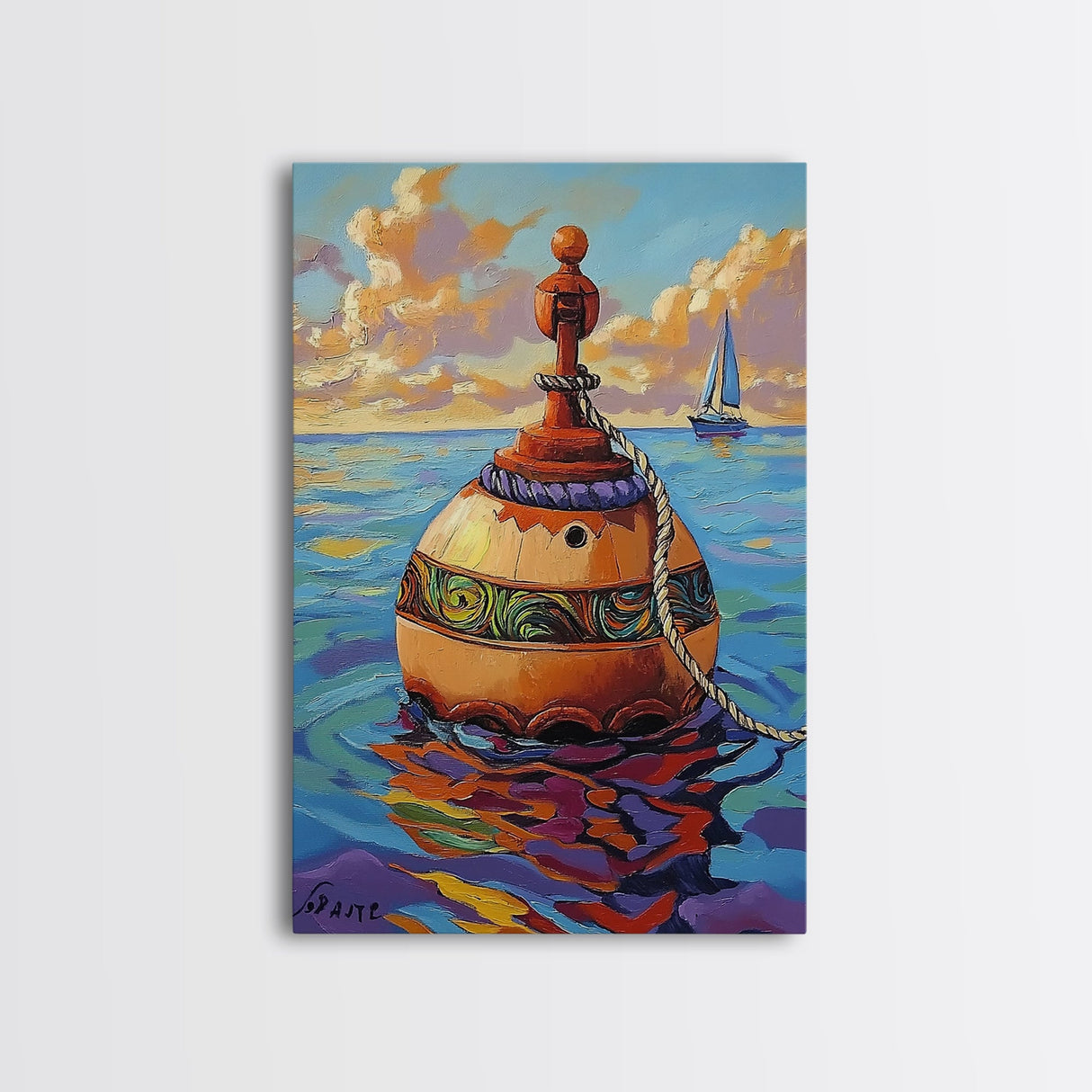 Buoy Ocean Sailboat Painting, Framed Canvas Print, Nautical boho decor, beach home wall art, coastal sunset colors, lakehouse vibe