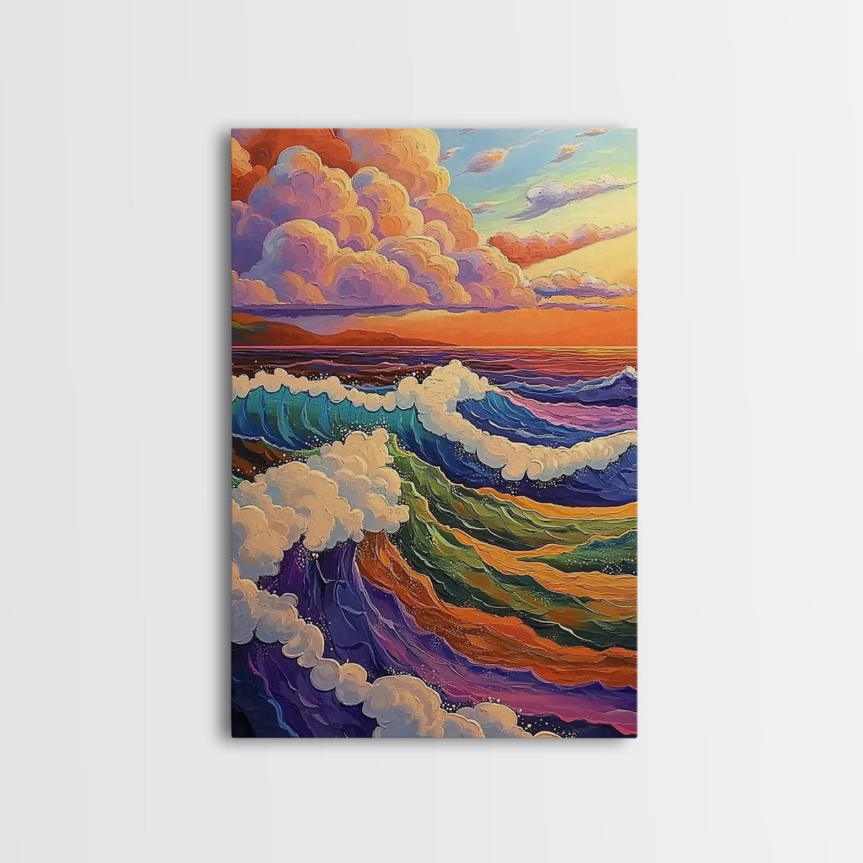 Colorful Ocean Waves, Sunset Surf Art, Rainbow Water Scene, Framed Canvas Print, Coastal Wall Decor, Vibrant Bathroom Art