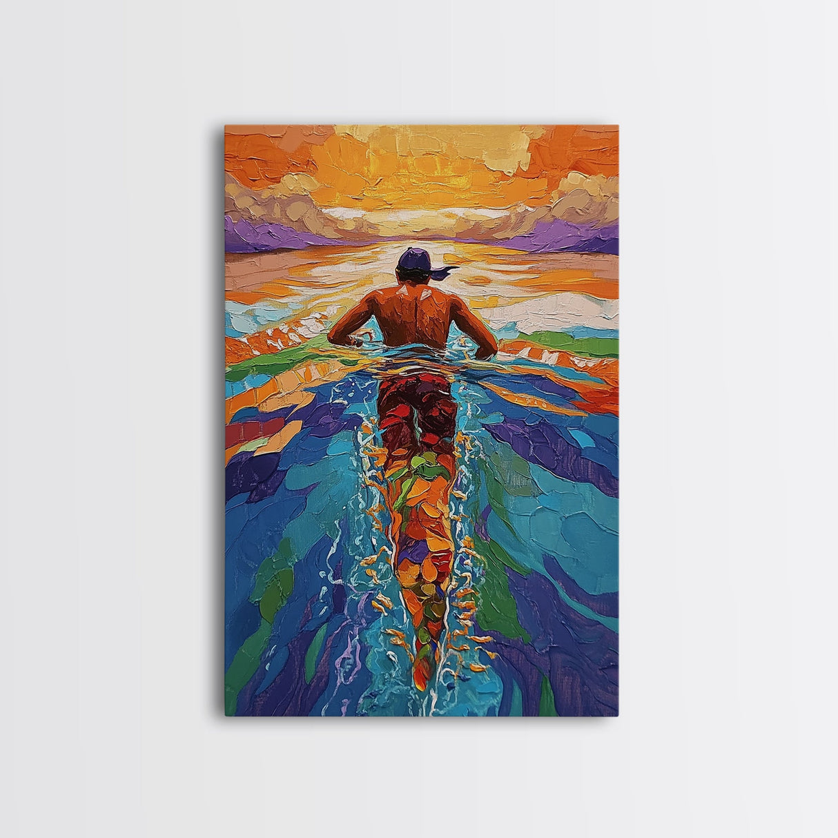 Man Swimming Sunset, Ocean Freedom Art, Tropical Wall Decor, Canvas Print, Bright Water Colors, Bold Bathroom Wall Art