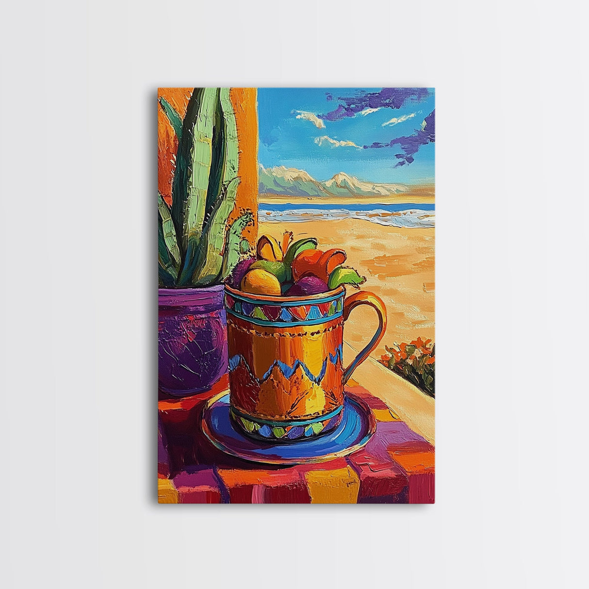 Fruit Mug Art, Coastal Kitchen Decor, Colorful Summer Vibes, Framed Canvas Print, Bright Wall Art, Boho Dining Room Accent