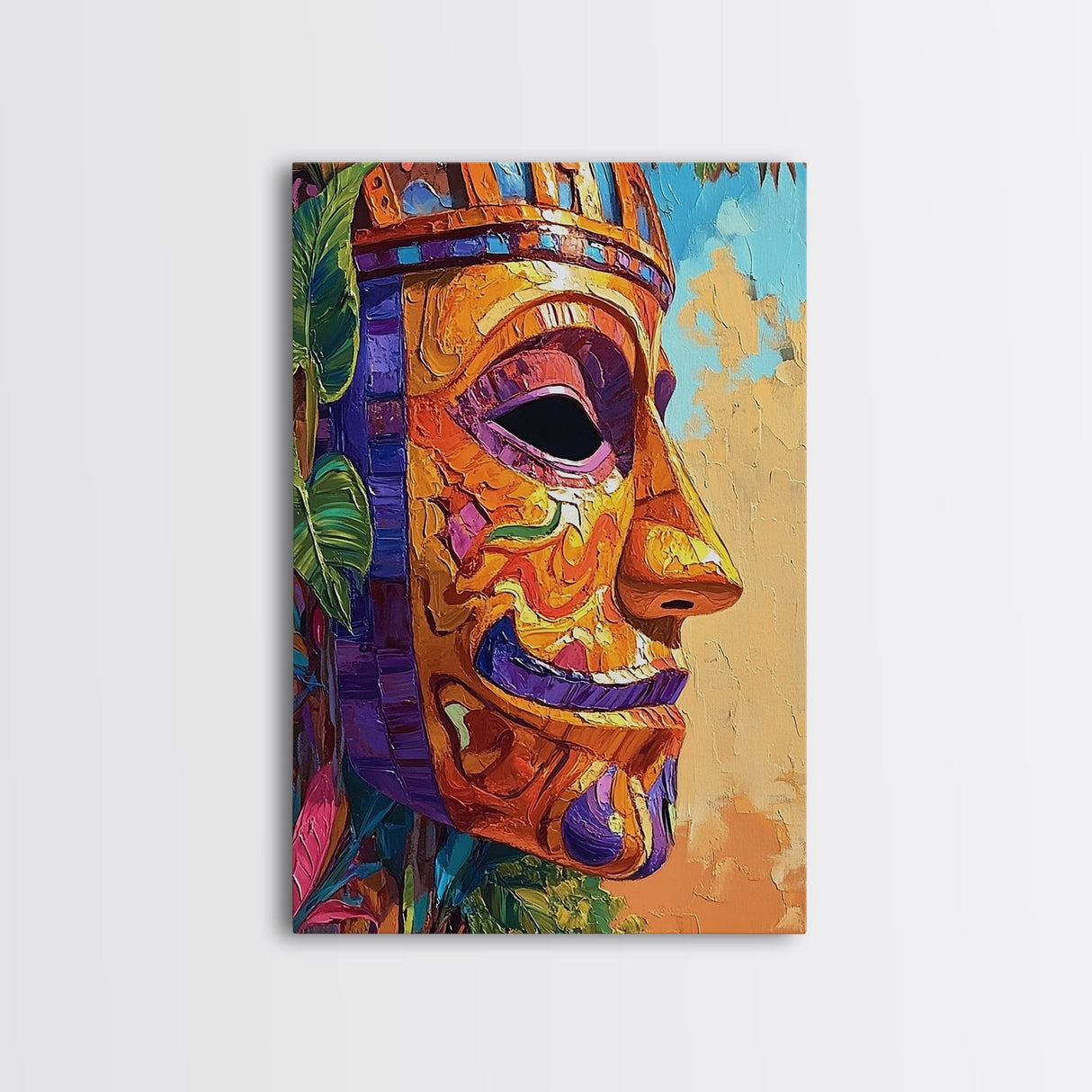 Tribal Mask Side, Exotic Face Wall Decor, Canvas Print, Cultural Art Style, Office Accent Art, Tiki Mask Inspired Home Wall Art