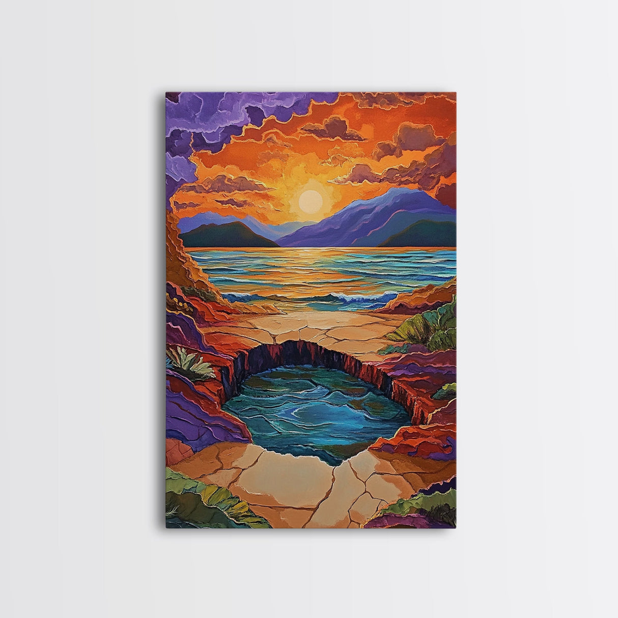 Sunset Lake Reflection, Fiery Sky, Tranquil Water, Mountain Glow, Framed Canvas Print, Bedroom Wall Art, Autumn Decor, Serene Art