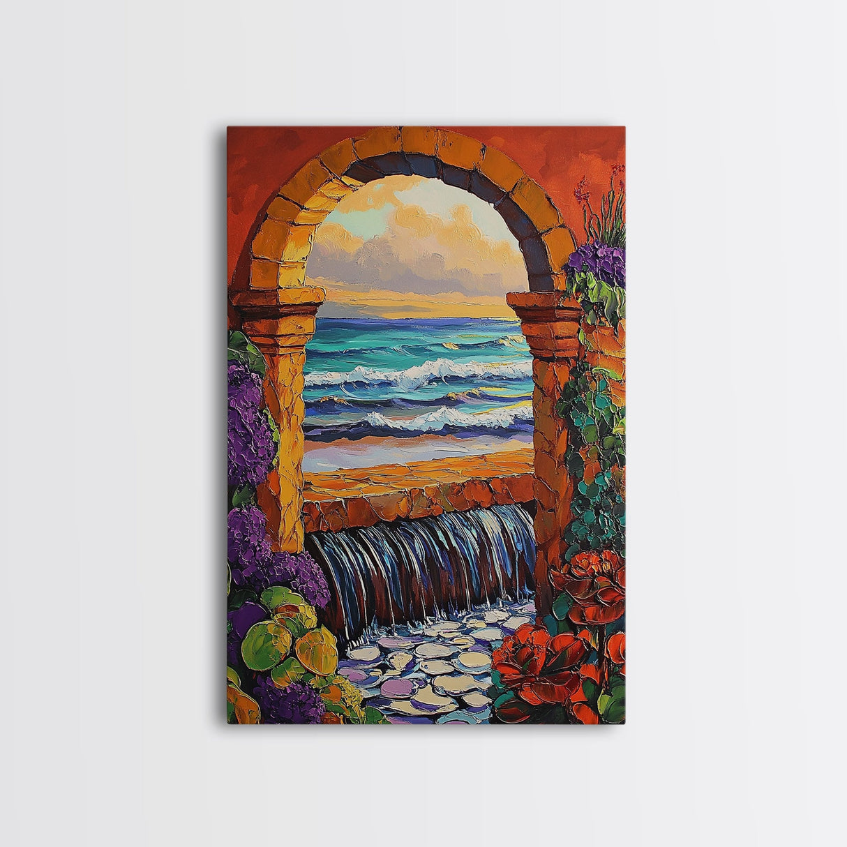 Stone Archway Ocean, Dreamy Seaside Scene, Romantic Sunset Art, Framed Canvas Print, Coastal Entryway Wall Art, Vacation Vibes