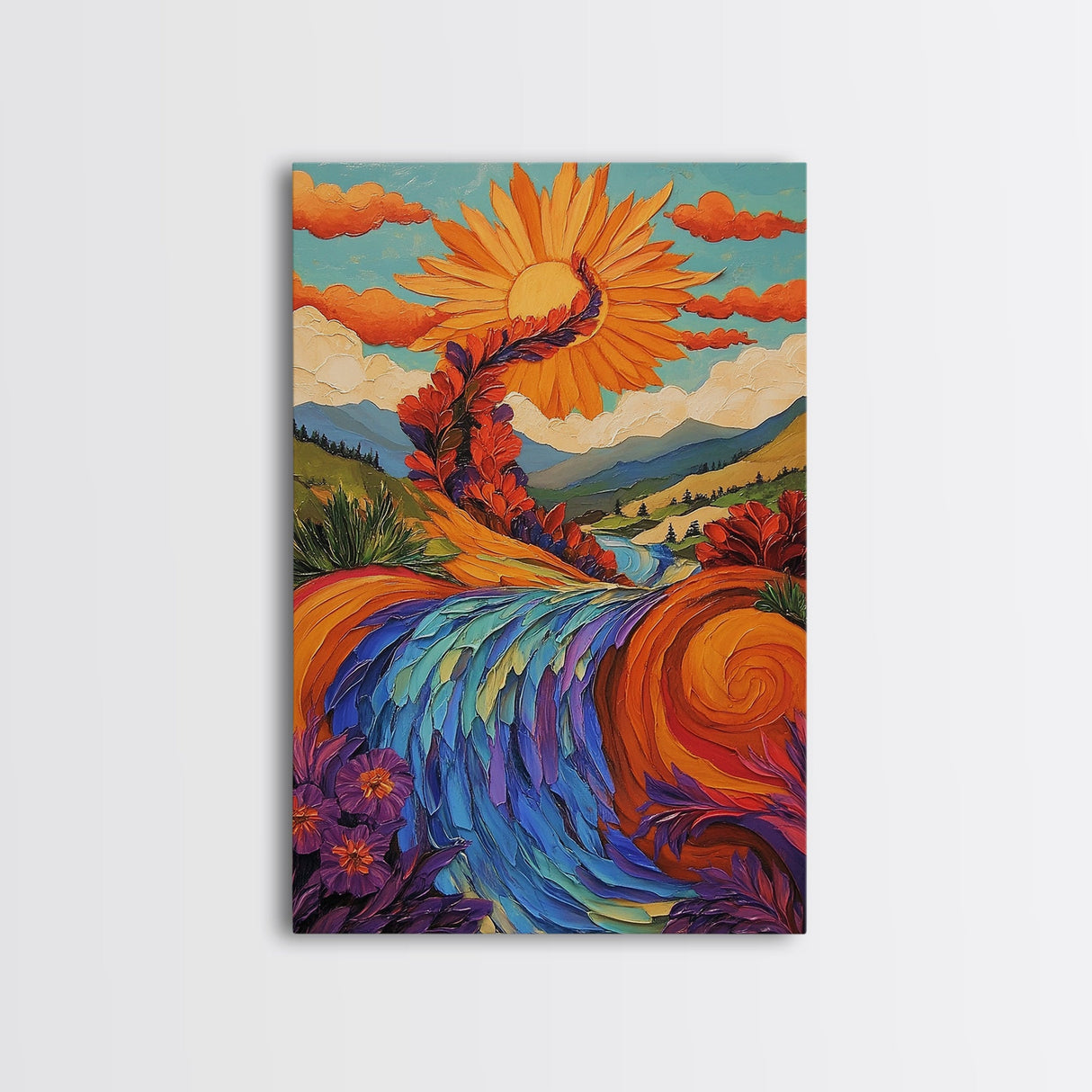 Sunflower River Scene, Whimsical Nature Landscape, Joyful Energy Art, Framed Canvas Print, Bright Nursery Wall Art, Autumn Boho Style