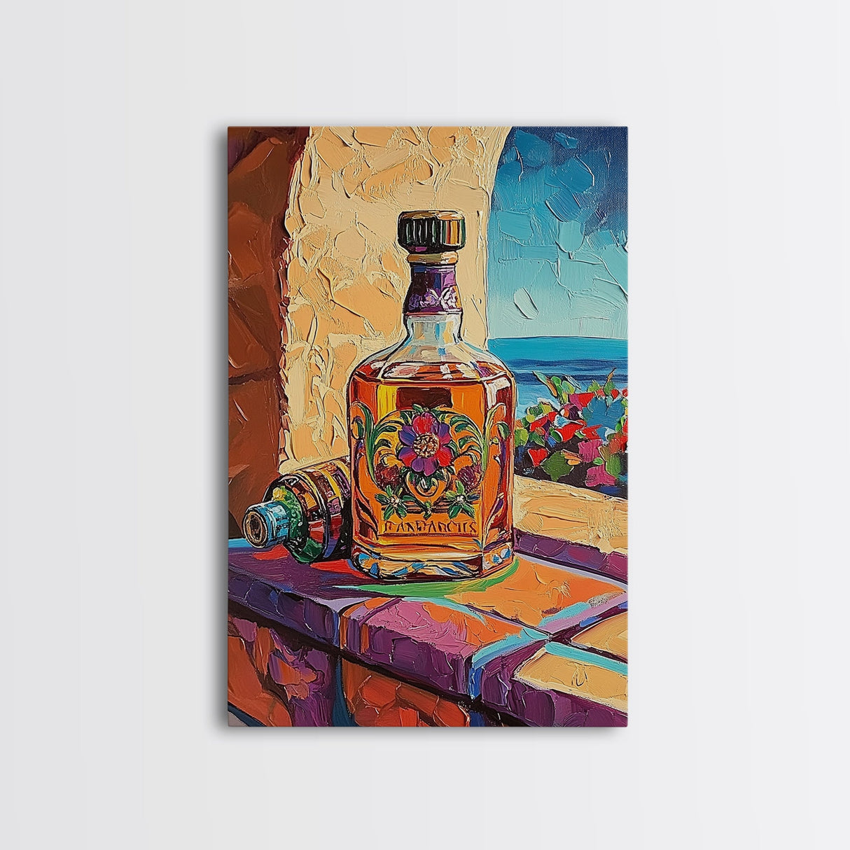 Tequila Bottle, Colorful Spirits, Bar Decor, Still Life, Framed Canvas Print kitchen wall art, Mexican bar art, fiesta rustic painting