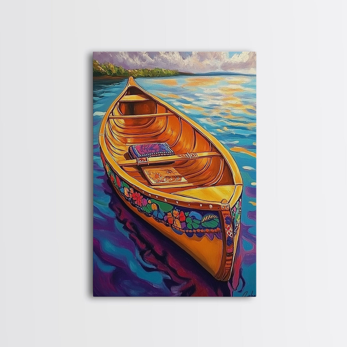 Canoe Tranquil, Reflection, Water, Canvas Print, vibrant lake, boat painting, colorful water art, lakehouse decor, boho bedroom wall art