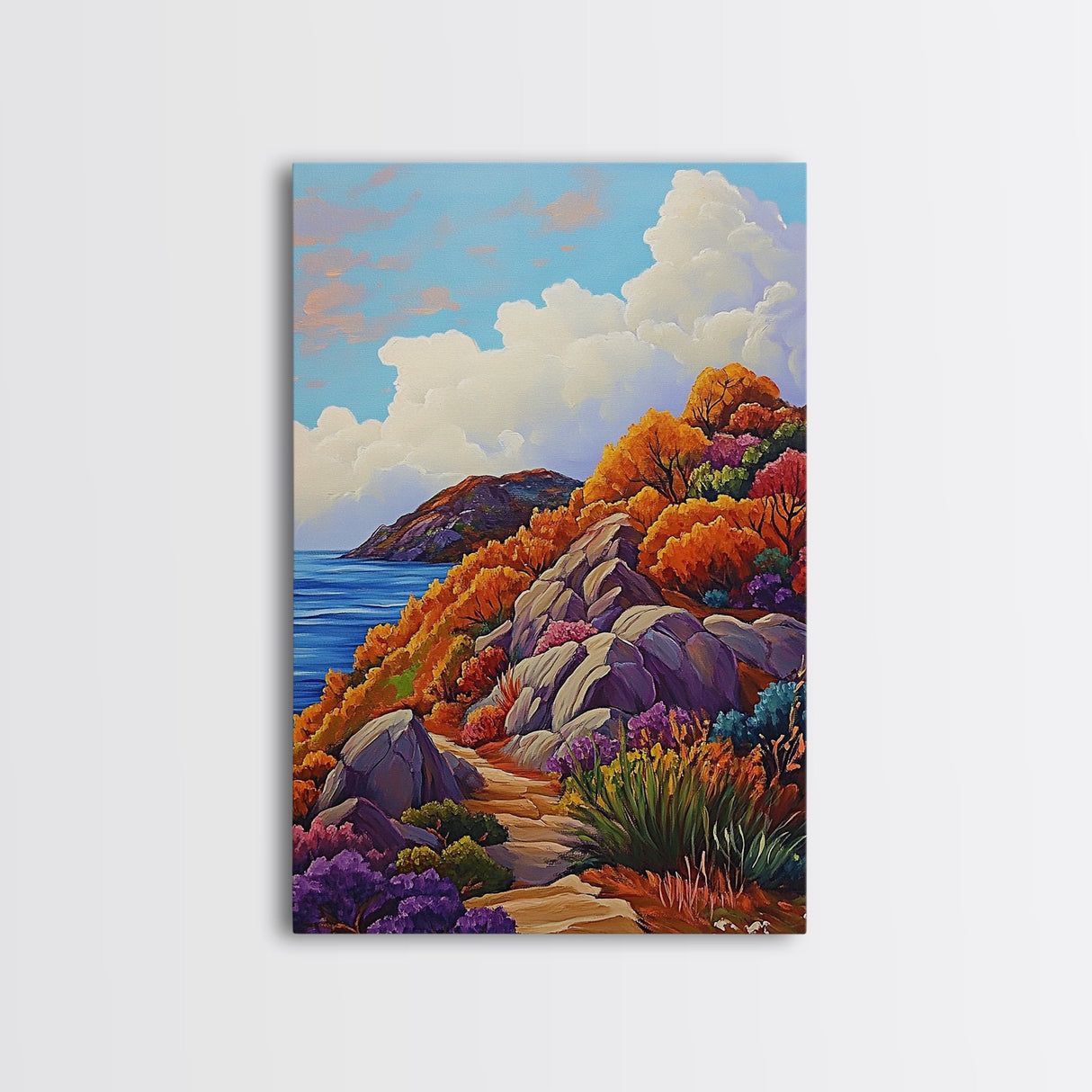 Autumn Cliffside, Trail, Ocean, Framed Canvas Print, fall coastal landscape, boho mountain decor, bold colors, seasonal Living Room art