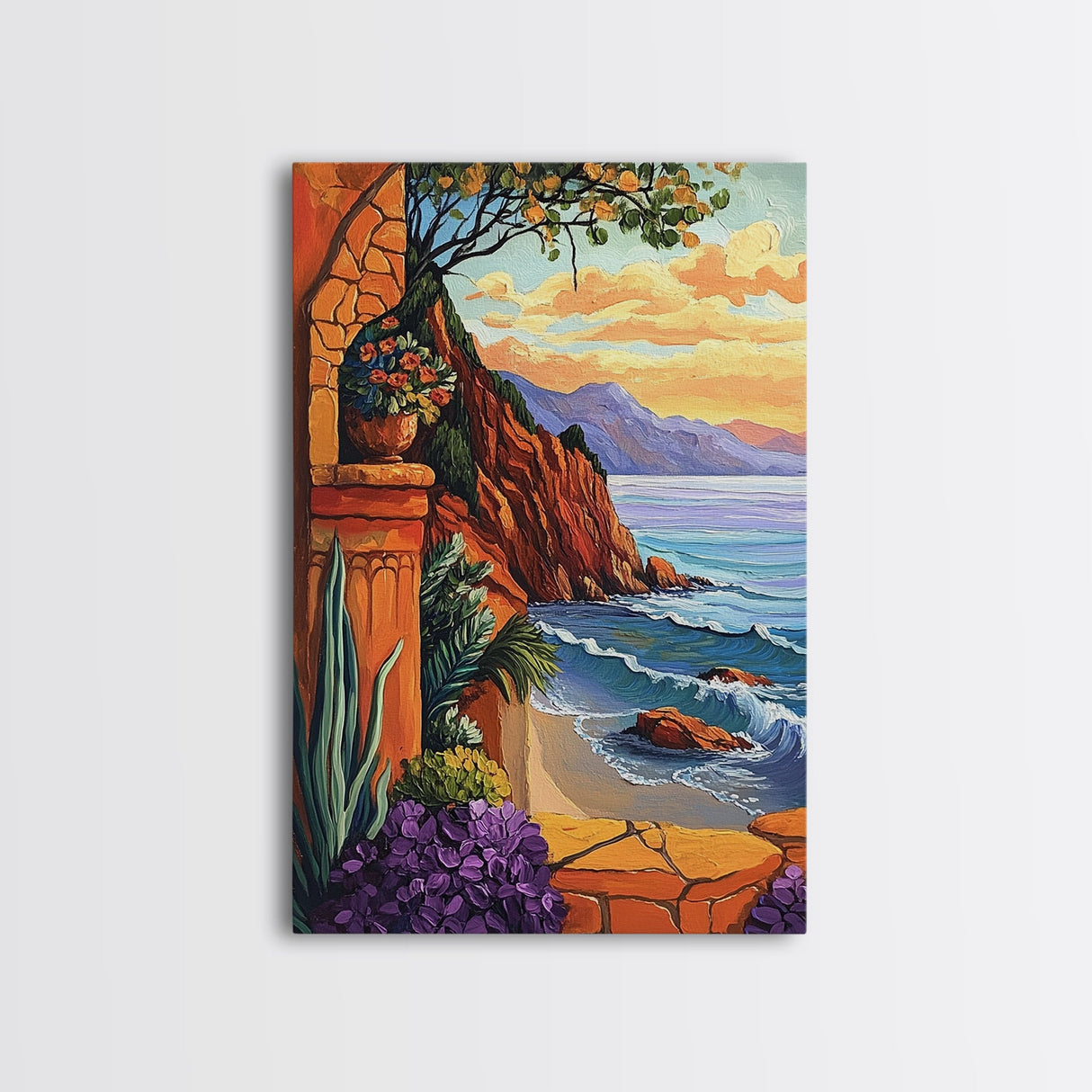 Seaside Terrace, Sunset Florals, Framed Canvas Print romantic ocean view artwork, Mediterranean decor, Kitchen Wall Art, rustic art